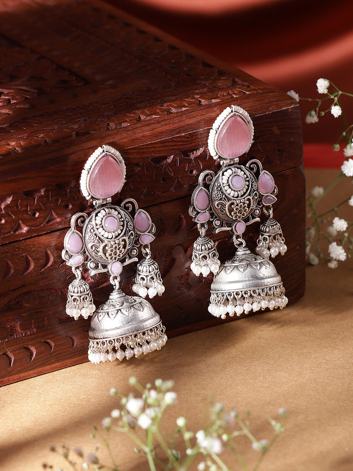 Pink Stoned Drop Pattern Oxidized Elegance Jhumki Style Earrings