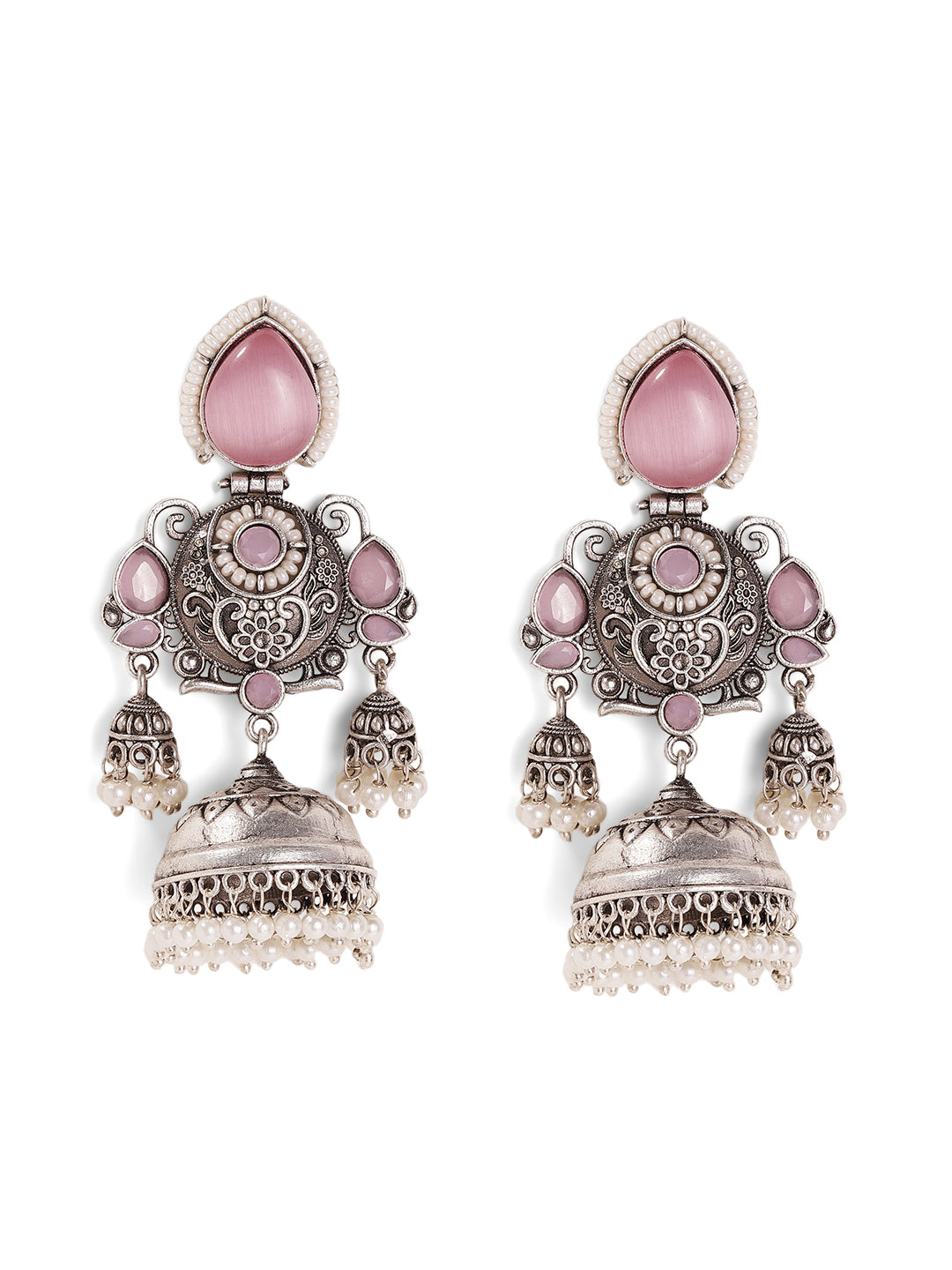Pink Stoned Drop Pattern Oxidized Elegance Jhumki Style Earrings
