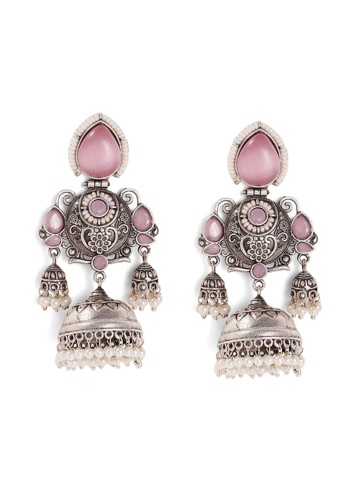 Pink Stoned Drop Pattern Oxidized Elegance Jhumki Style Earrings