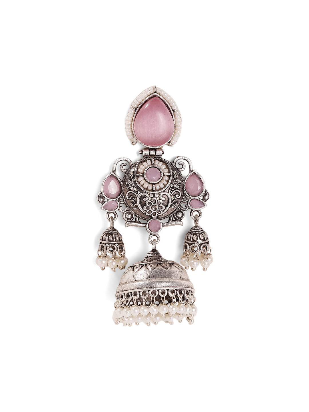 Pink Stoned Drop Pattern Oxidized Elegance Jhumki Style Earrings