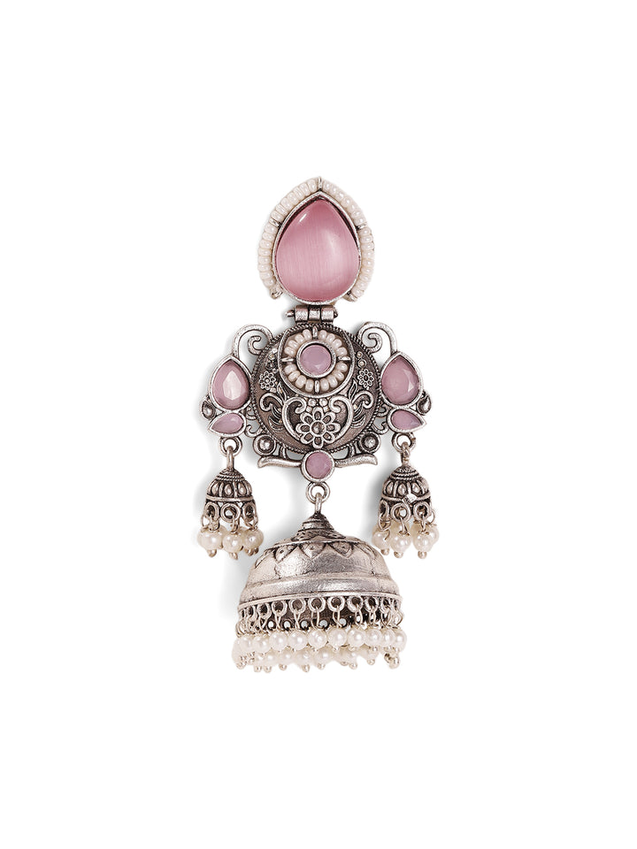 Pink Stoned Drop Pattern Oxidized Elegance Jhumki Style Earrings