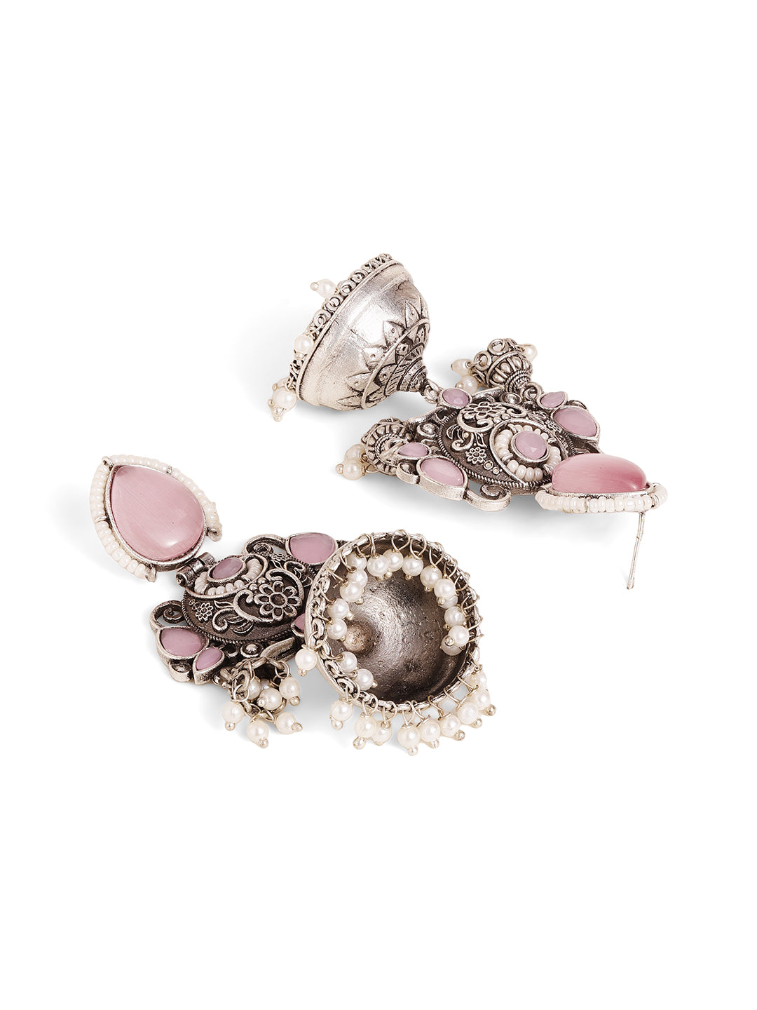 Pink Stoned Drop Pattern Oxidized Elegance Jhumki Style Earrings