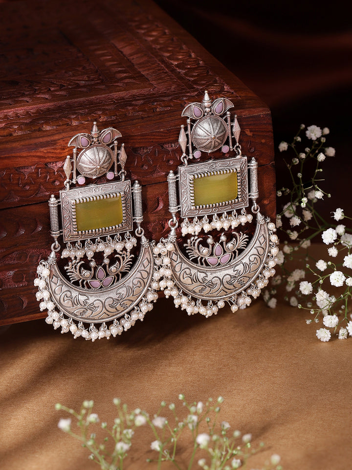 Yellow Stoned Oxidized Statement Design with mini pearls Chandbali Pattern Earrings