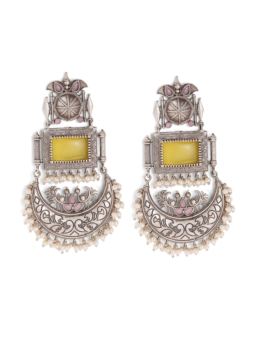 Yellow Stoned Oxidized Statement Design with mini pearls Chandbali Pattern Earrings