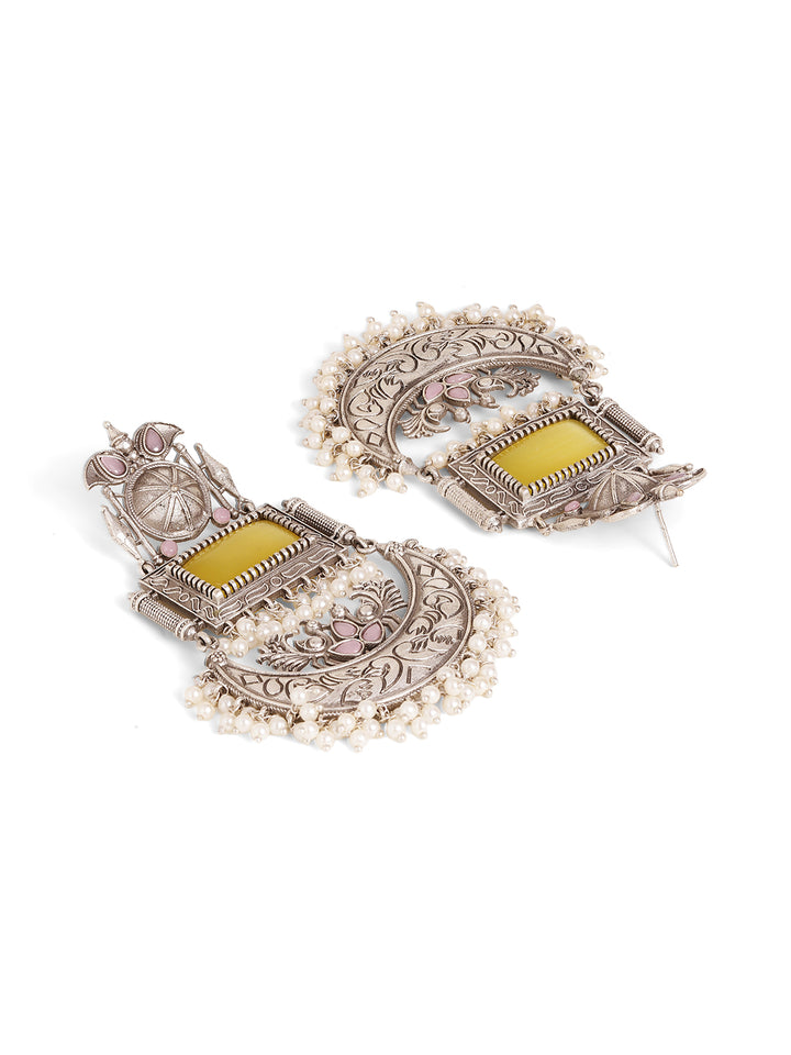 Yellow Stoned Oxidized Statement Design with mini pearls Chandbali Pattern Earrings