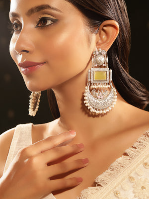 Yellow Stoned Oxidized Statement Design with mini pearls Chandbali Pattern Earrings