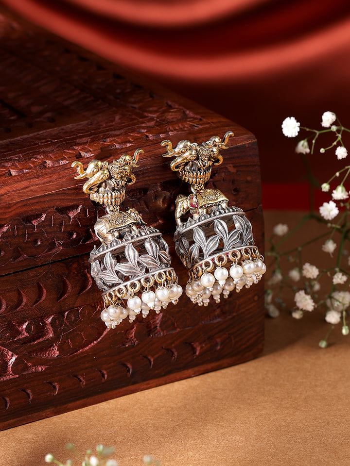 Elephant Dual-Toned With Mini Elegant Pearls Floral Jhumkis Earrings