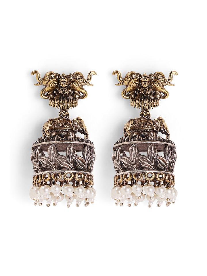 Elephant Dual-Toned With Mini Elegant Pearls Floral Jhumkis Earrings