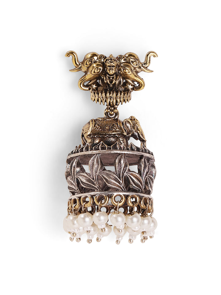 Elephant Dual-Toned With Mini Elegant Pearls Floral Jhumkis Earrings