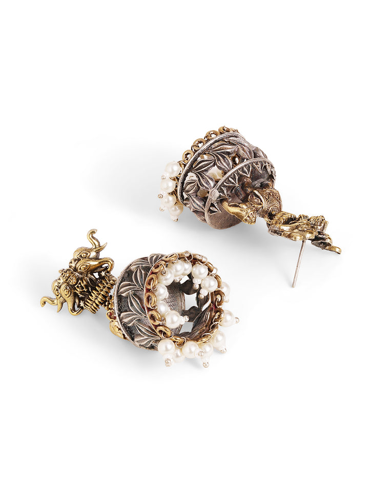 Elephant Dual-Toned With Mini Elegant Pearls Floral Jhumkis Earrings