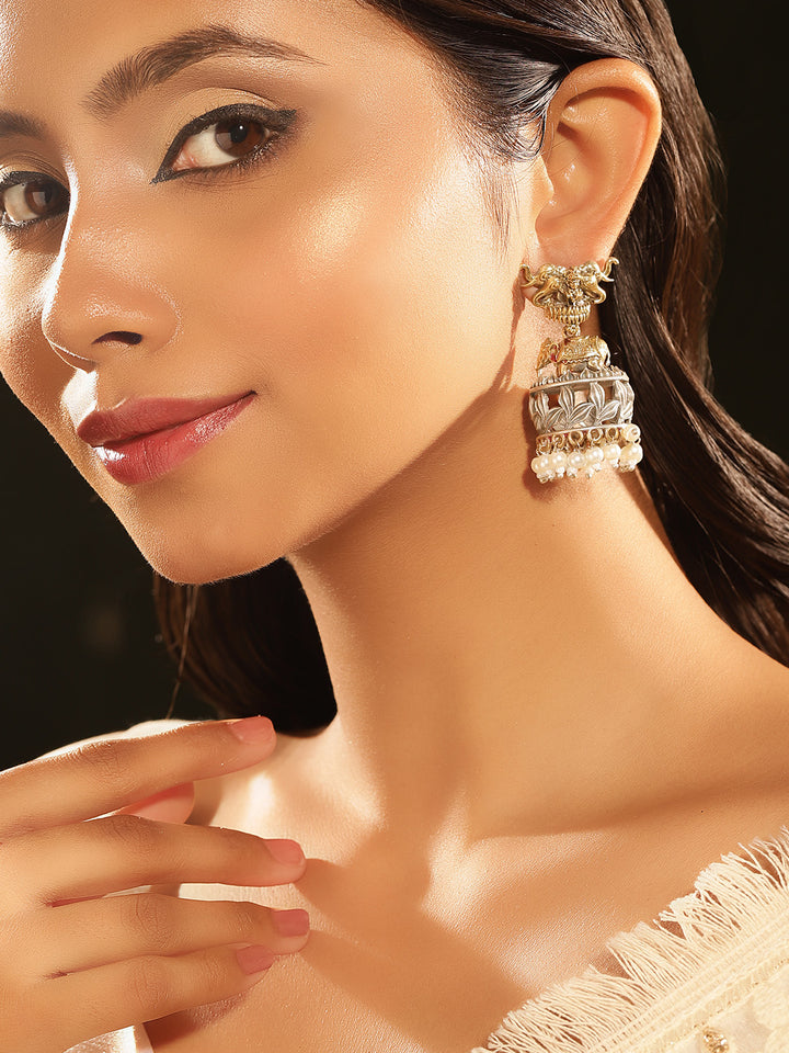Elephant Dual-Toned With Mini Elegant Pearls Floral Jhumkis Earrings