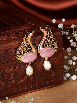 Peacock Elegance Pink Stoned Pearl Drop Gold Plated Earrings