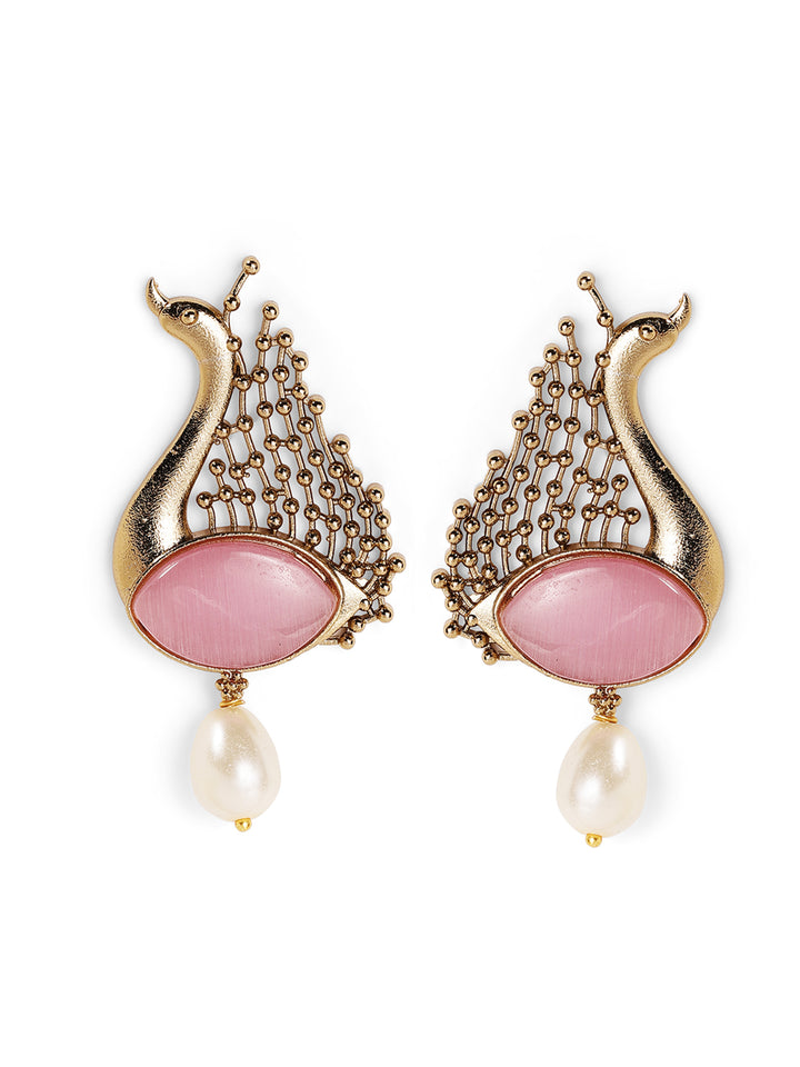 Peacock Elegance Pink Stoned Pearl Drop Gold Plated Earrings