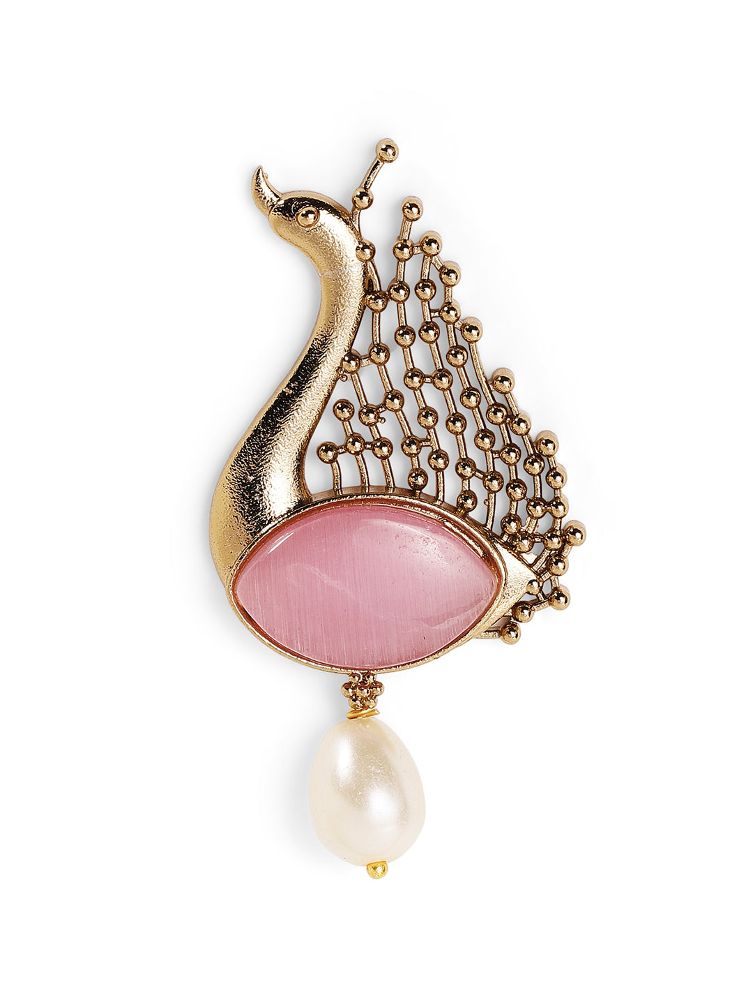 Peacock Elegance Pink Stoned Pearl Drop Gold Plated Earrings