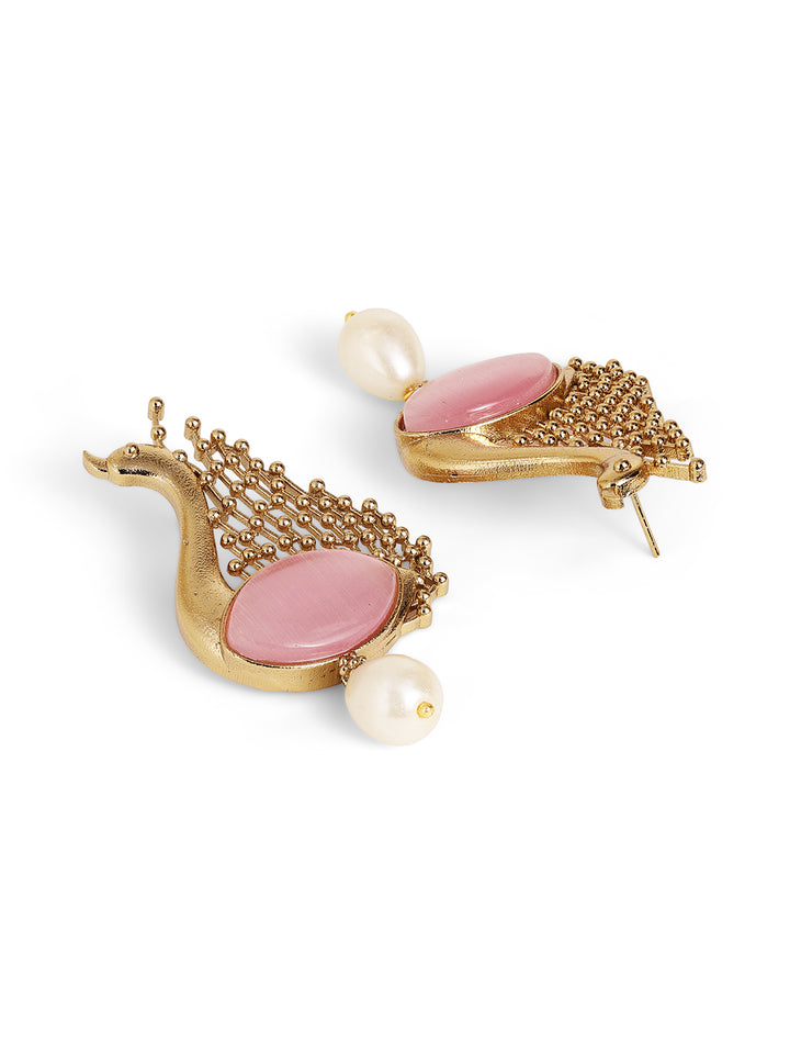 Peacock Elegance Pink Stoned Pearl Drop Gold Plated Earrings