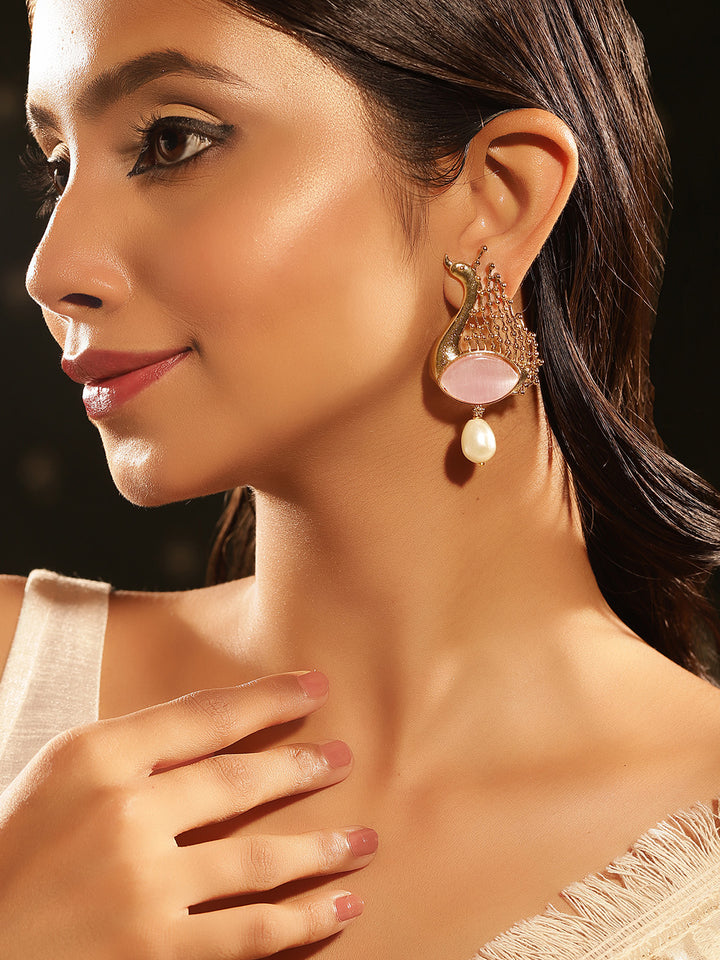 Peacock Elegance Pink Stoned Pearl Drop Gold Plated Earrings