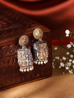 Dual Toned God and Goddess Jhumkis Pattern Earrings