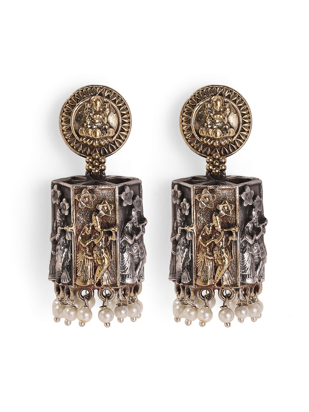 Dual Toned God and Goddess Jhumkis Pattern Earrings