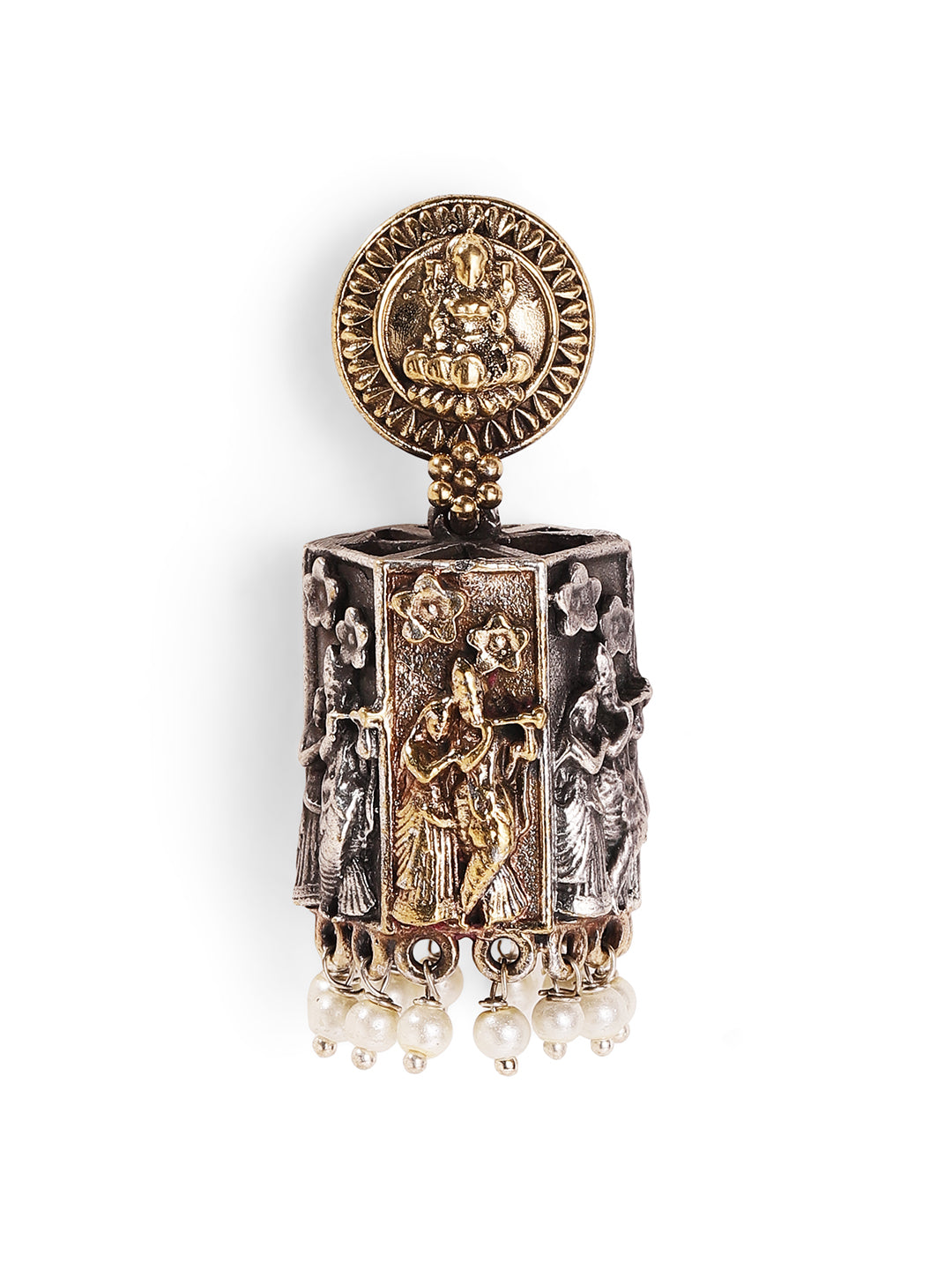 Dual Toned God and Goddess Jhumkis Pattern Earrings