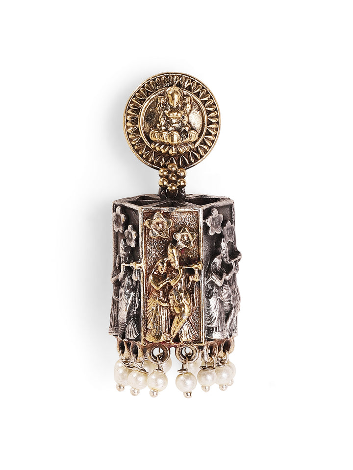 Dual Toned God and Goddess Jhumkis Pattern Earrings
