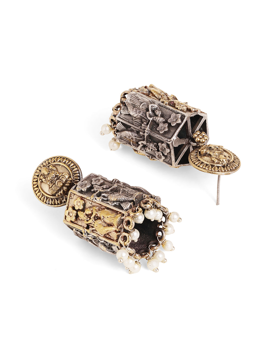 Dual Toned God and Goddess Jhumkis Pattern Earrings