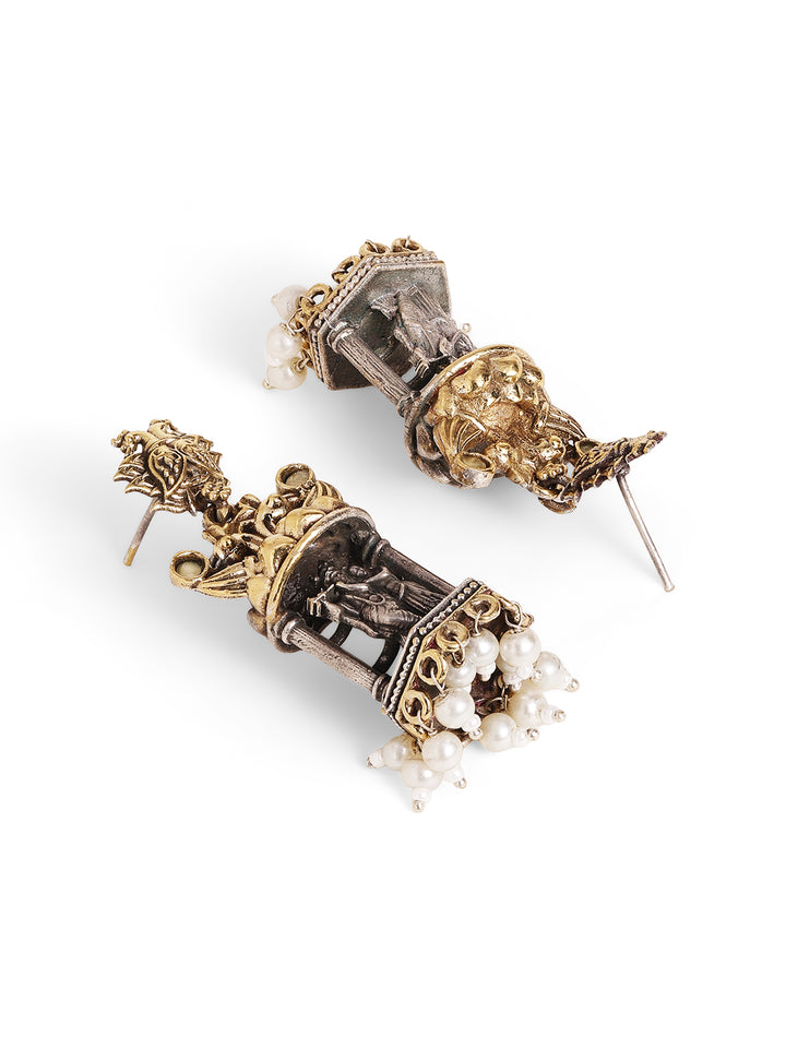 Dual-Plated God and Goddess with Mini Pearls Jhumkis Style Earrings