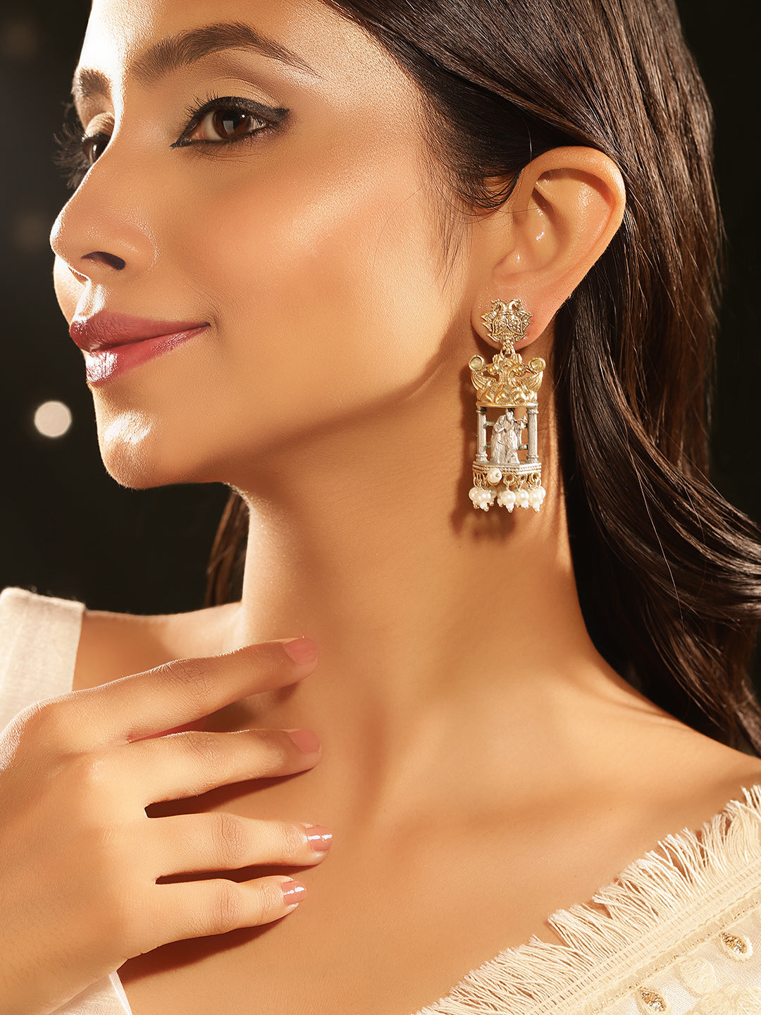 Dual-Plated God and Goddess with Mini Pearls Jhumkis Style Earrings