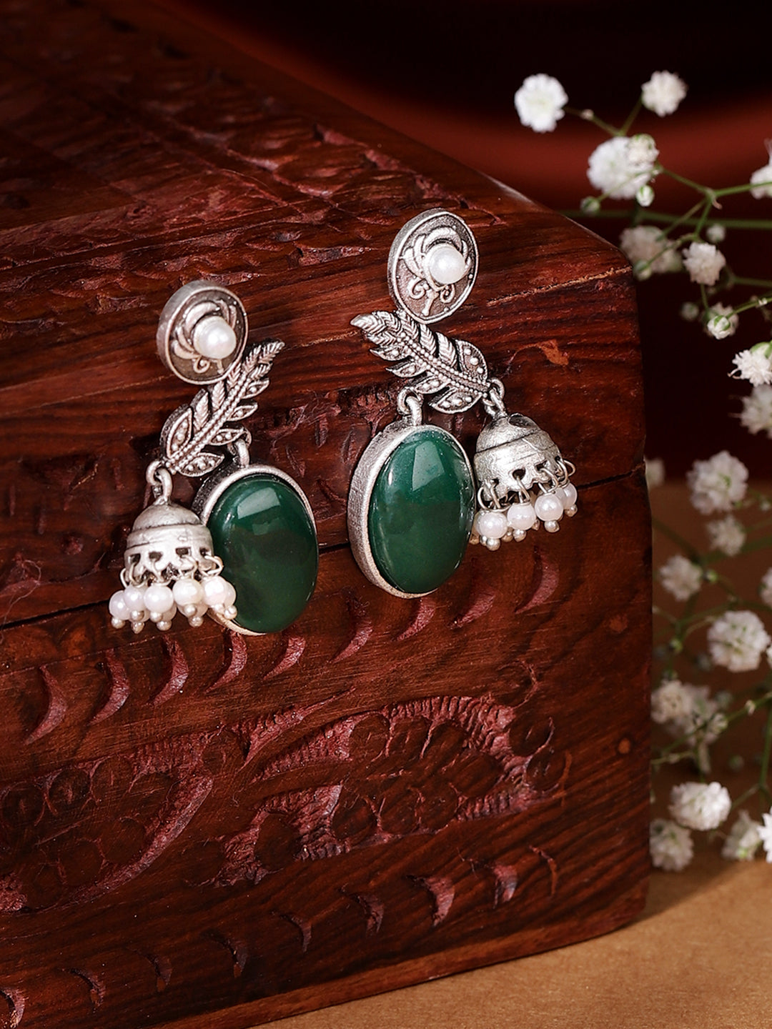 Leaf Pattern Green Stoned Oxidized Elegance with mini Jhumkis Pearls Drop Earrings