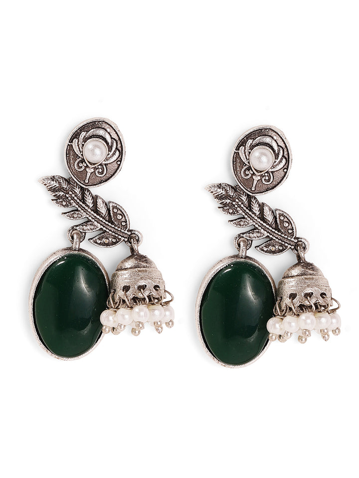 Leaf Pattern Green Stoned Oxidized Elegance with mini Jhumkis Pearls Drop Earrings