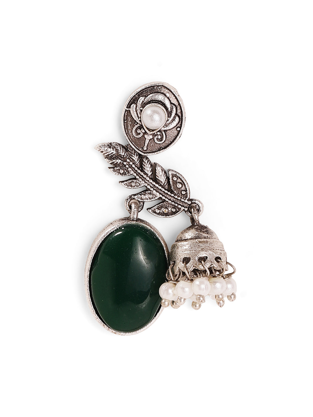Leaf Pattern Green Stoned Oxidized Elegance with mini Jhumkis Pearls Drop Earrings