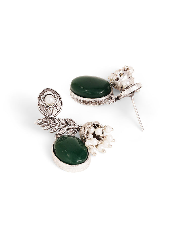 Leaf Pattern Green Stoned Oxidized Elegance with mini Jhumkis Pearls Drop Earrings
