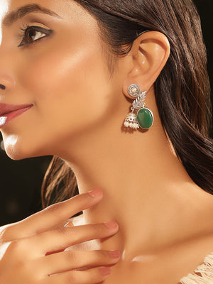 Leaf Pattern Green Stoned Oxidized Elegance with mini Jhumkis Pearls Drop Earrings