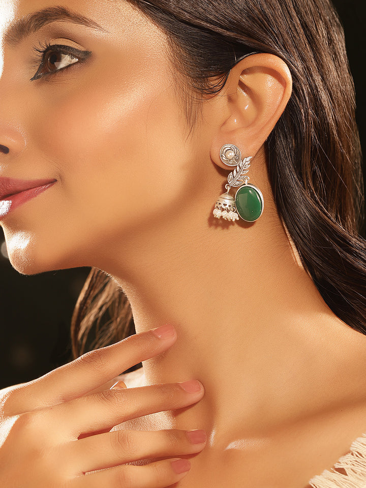 Leaf Pattern Green Stoned Oxidized Elegance with mini Jhumkis Pearls Drop Earrings