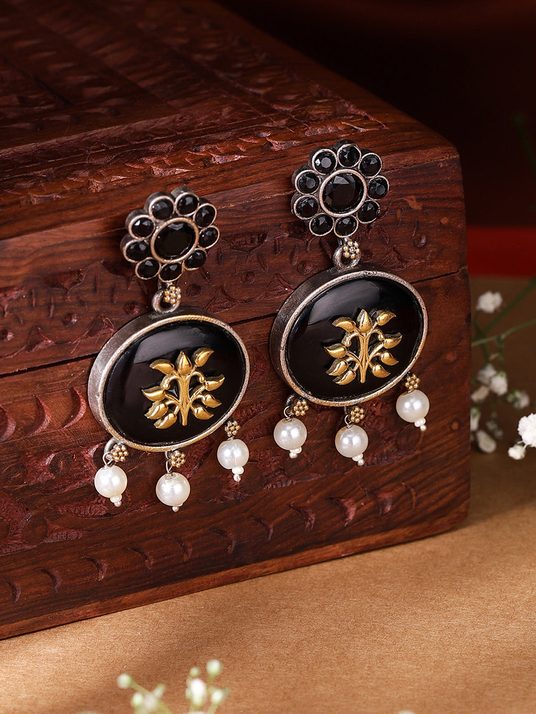 Floral Black Stoned Gold Plated Pearl Drop Pattern Earrings