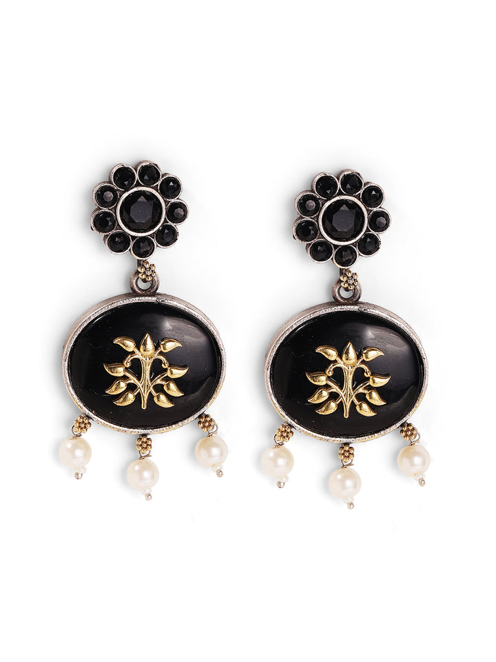 Floral Black Stoned Gold Plated Pearl Drop Pattern Earrings
