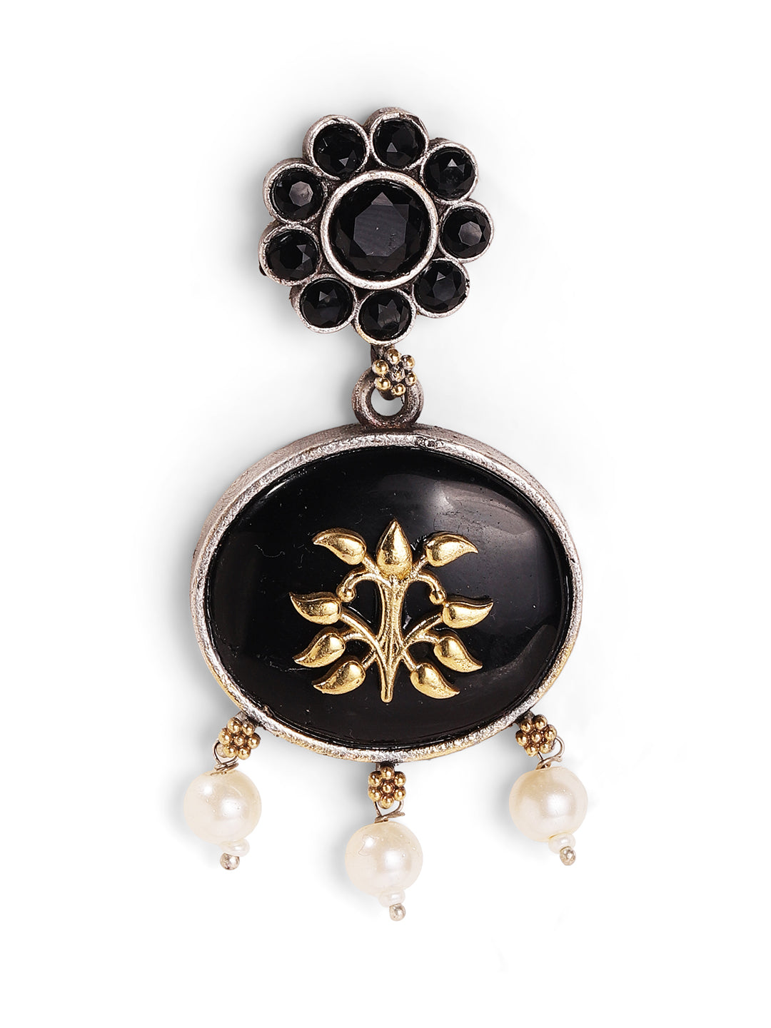 Floral Black Stoned Gold Plated Pearl Drop Pattern Earrings