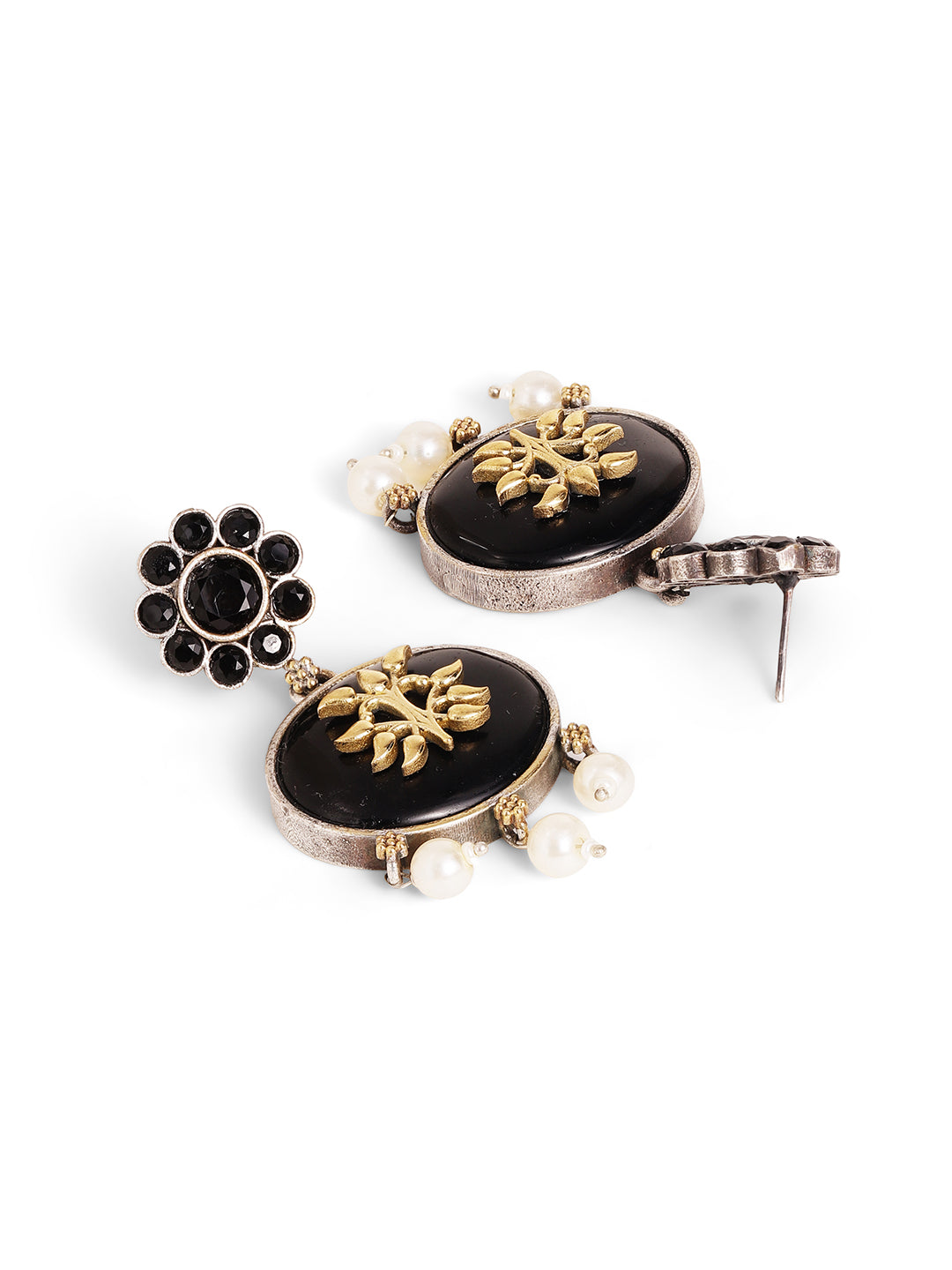 Floral Black Stoned Gold Plated Pearl Drop Pattern Earrings
