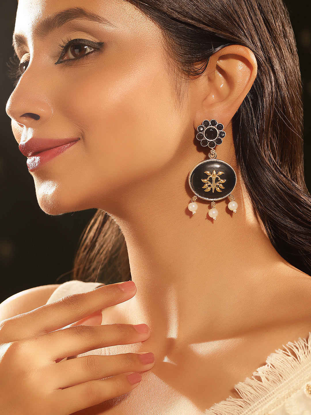 Floral Black Stoned Gold Plated Pearl Drop Pattern Earrings