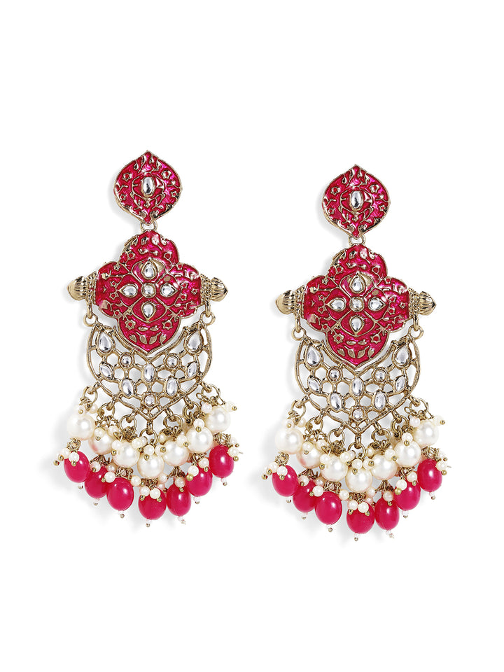 Pink Meenakari Elegance Kundan Pearl Beads Gold Plated Drop Earrings