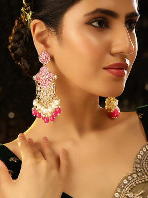 Pink Meenakari Elegance Kundan Pearl Beads Gold Plated Drop Earrings