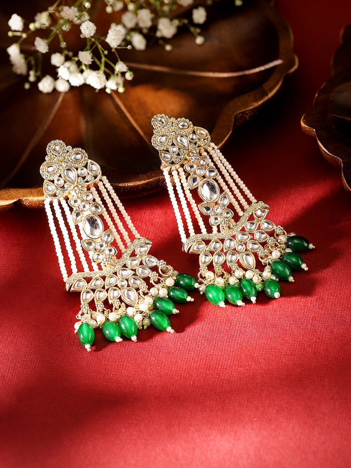 Kundan Floral Pattern Pearl Green Beads Gold Plated Drop Earrings