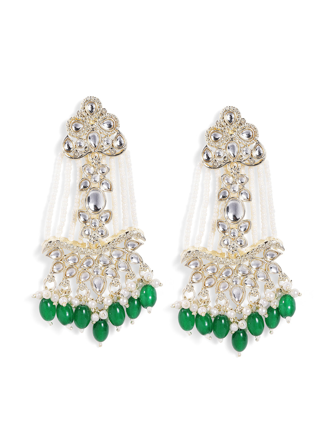 Kundan Floral Pattern Pearl Green Beads Gold Plated Drop Earrings