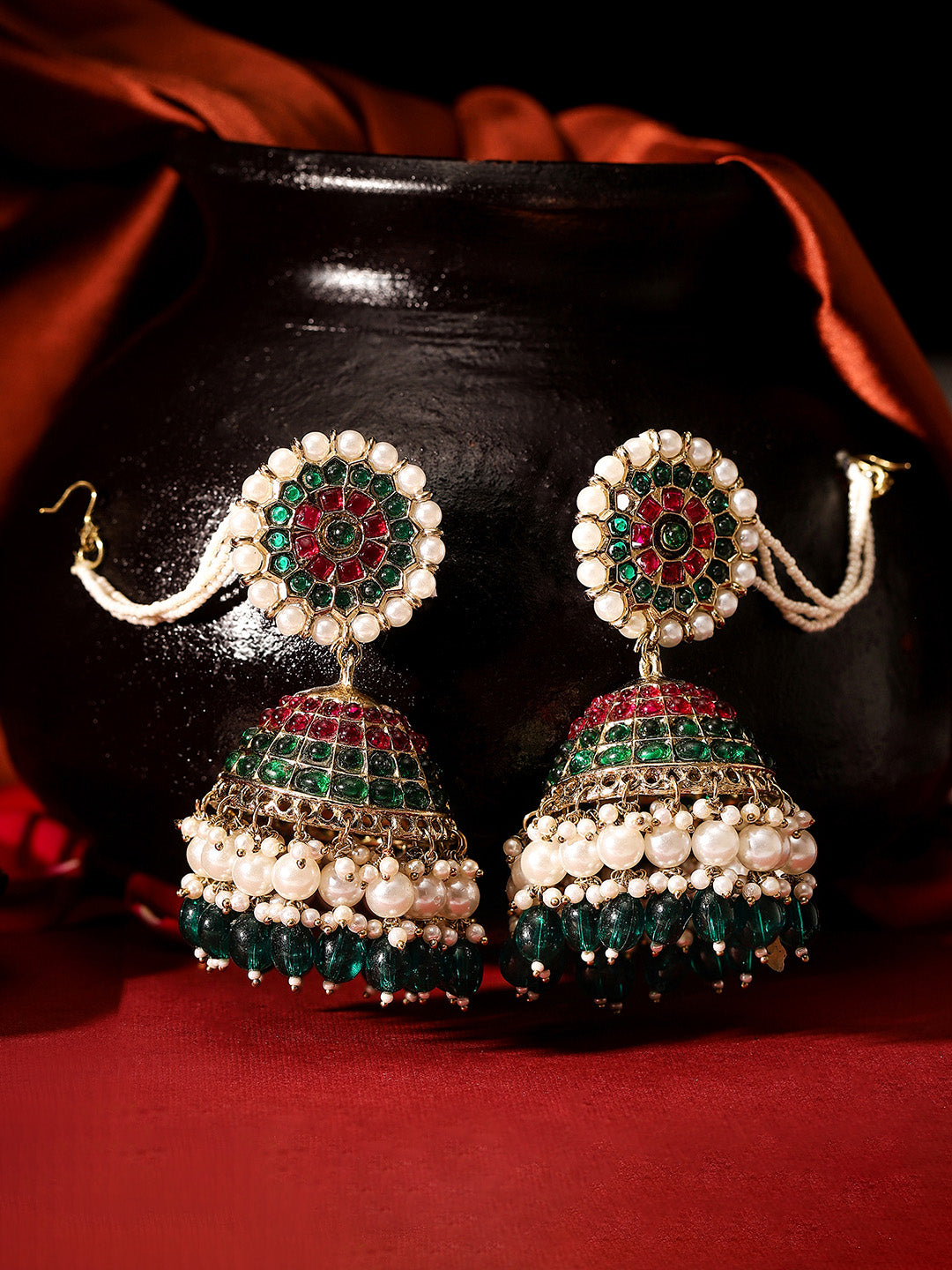 Ruby Emerald Pearl Sequence Floral Pattern Jhumkis with Pearl Ear Chain Earrings