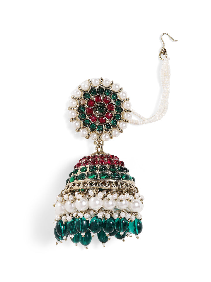 Ruby Emerald Pearl Sequence Floral Pattern Jhumkis with Pearl Ear Chain Earrings