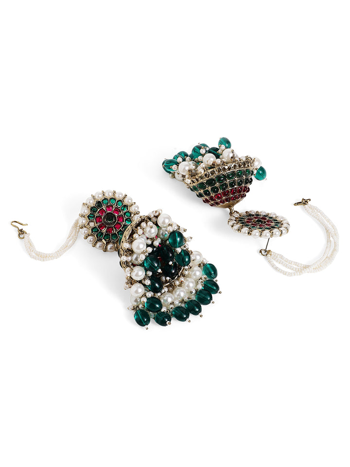 Ruby Emerald Pearl Sequence Floral Pattern Jhumkis with Pearl Ear Chain Earrings