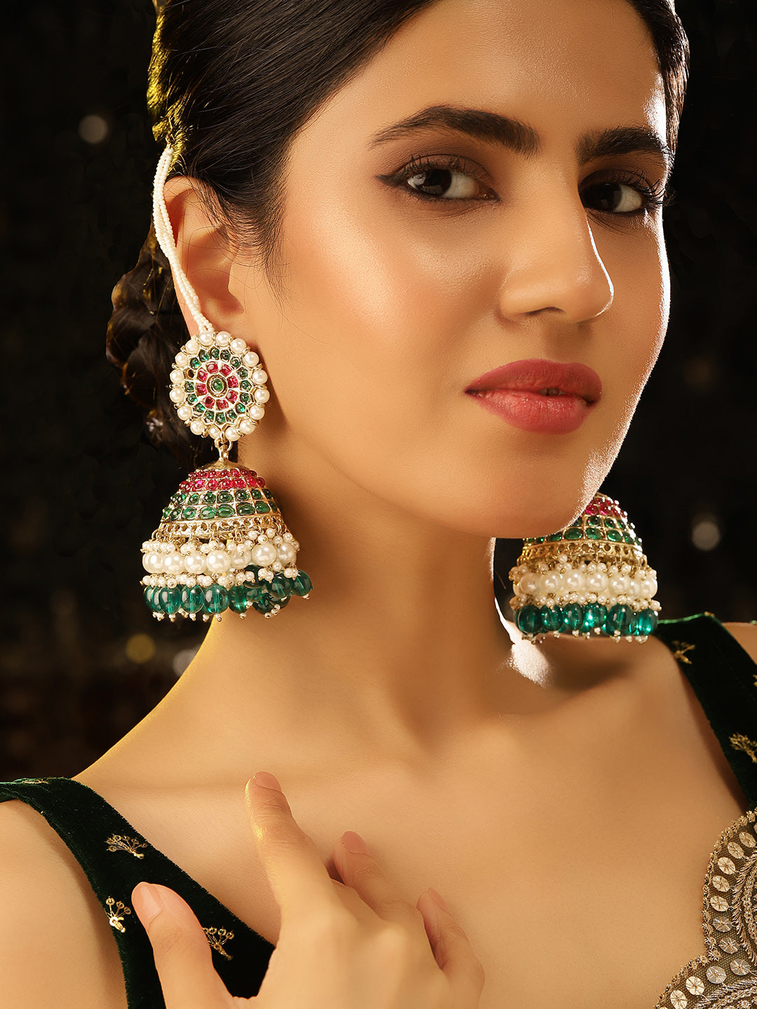 Ruby Emerald Pearl Sequence Floral Pattern Jhumkis with Pearl Ear Chain Earrings