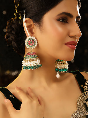 Ruby Emerald Pearl Sequence Floral Pattern Jhumkis with Pearl Ear Chain Earrings