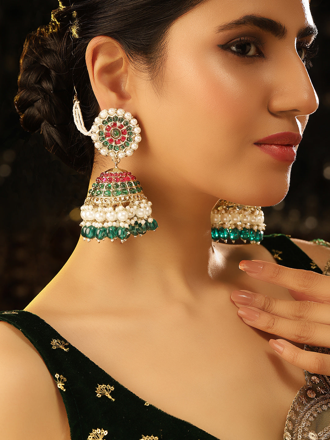 Ruby Emerald Pearl Sequence Floral Pattern Jhumkis with Pearl Ear Chain Earrings