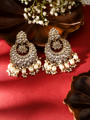 Gold Plated Kundan Floral Chandbali Pearl Drops Earrings