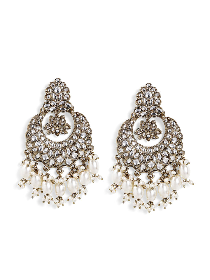 Gold Plated Kundan Floral Chandbali Pearl Drops Earrings